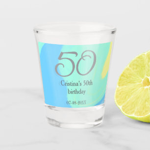 Blue green grey 50th birthday add name date retro shot glass