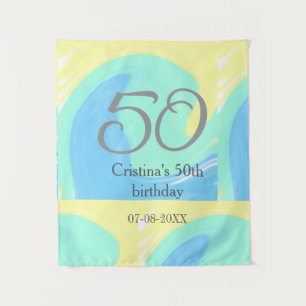 Blue green grey 50th birthday add name date retro tapestry
