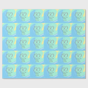 Blue green grey 50th birthday add name date retro wrapping paper