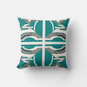 Blue-Green Grey White Geometric Large Tiles Design Cushion