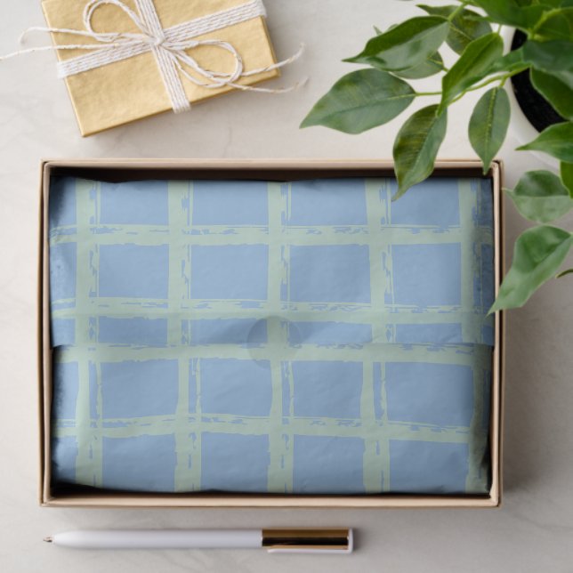 Blue Green Hand Painted Grid Pattern Tissue Paper (Gift)