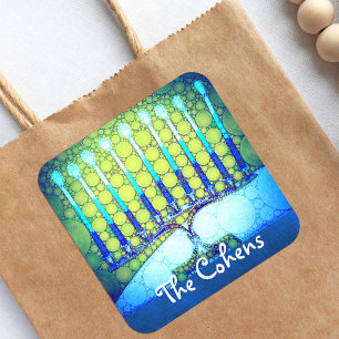 Blue Green Hanukkah Menorah Add Your Name Script Square Sticker