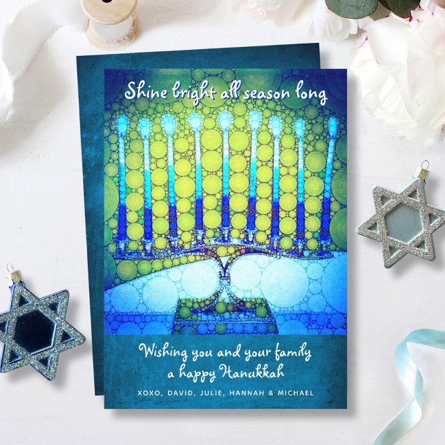 Blue Green Hanukkah Menorah Shine Bright Script Holiday Card (Creator Uploaded)