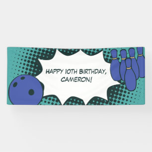Blue-Green Happy 10th Birthday Bowling Party Banner