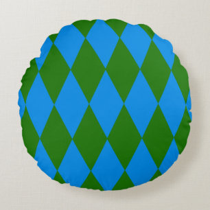 Blue Green Harlequin Checkered Design Round Cushion