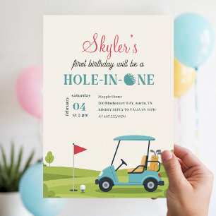 Blue Green Hole In One Golf Kids First Birthday Invitation