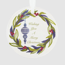 Blue Green Holiday Wreath Merry Christmas Ornament
