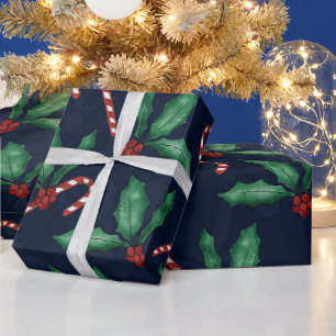 Blue Green Holly Leaves Red Berries Candy Cane Wrapping Paper