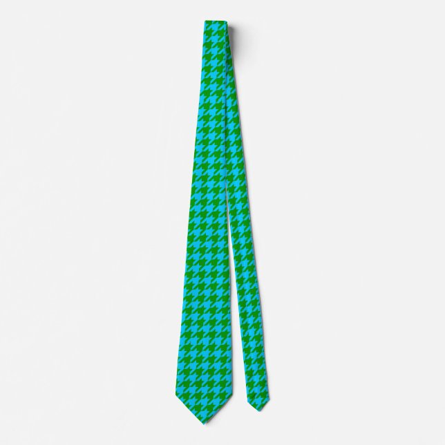 Blue Green Houndstooth Plaid Check Tie (Front)