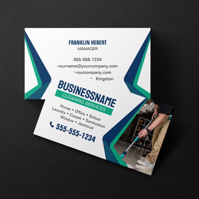 Blue Green House Cleaning Office Cleaning Maid Business Card (Creator Uploaded)
