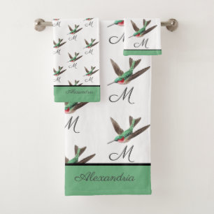 Blue Green Hummingbird watercolor Monogram initial Bath Towel Set