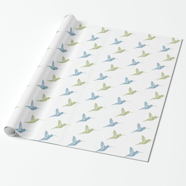 Blue Green Hummingbirds Birthday Wrapping Paper (Unrolled)