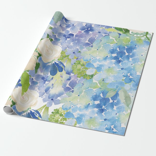 Blue Green Hydrangea Flower Wrapping Paper (Unrolled)
