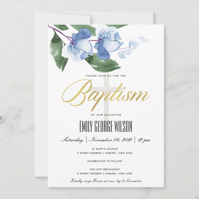 BLUE GREEN  INK WASH  WATERCOLOR FLORAL BAPTISM INVITATION (Front)