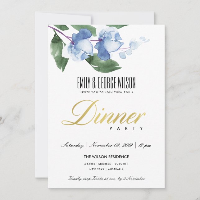 BLUE GREEN INK WATERCOLOR FLORAL DINNER PARTY INVITATION (Front)