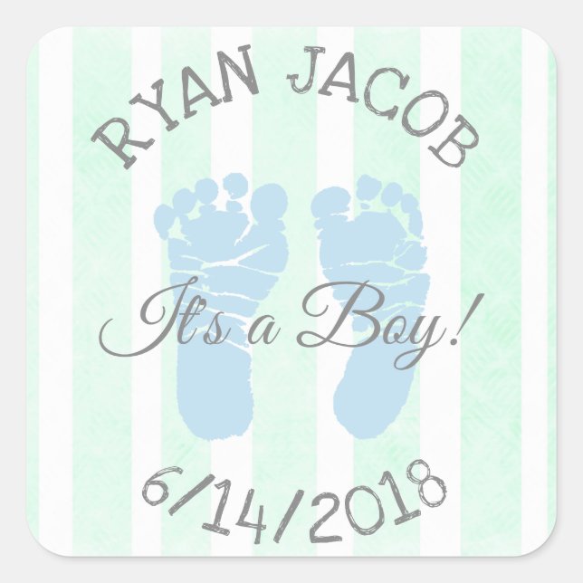 Blue Green Its a Boy Footprints Baby Shower Square Sticker (Front)