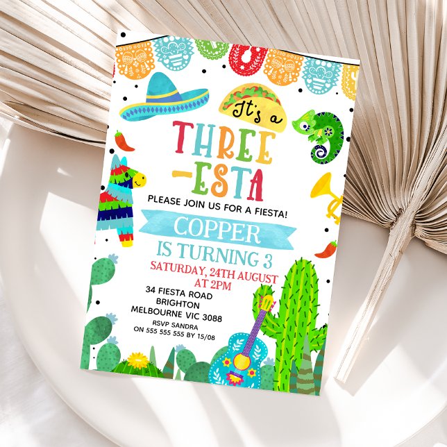 Blue Green It's A Three-est Fiesta Birthday Invitation (Three-esta Fiesta Boy Birthday Invitation, Threeesta Fiesta 3rd Birthday Invite, Mexican Fiesta )