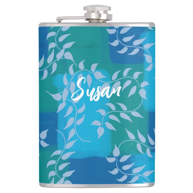 Blue Green Ivy Leaf Watercolor Hip Flask (Front)