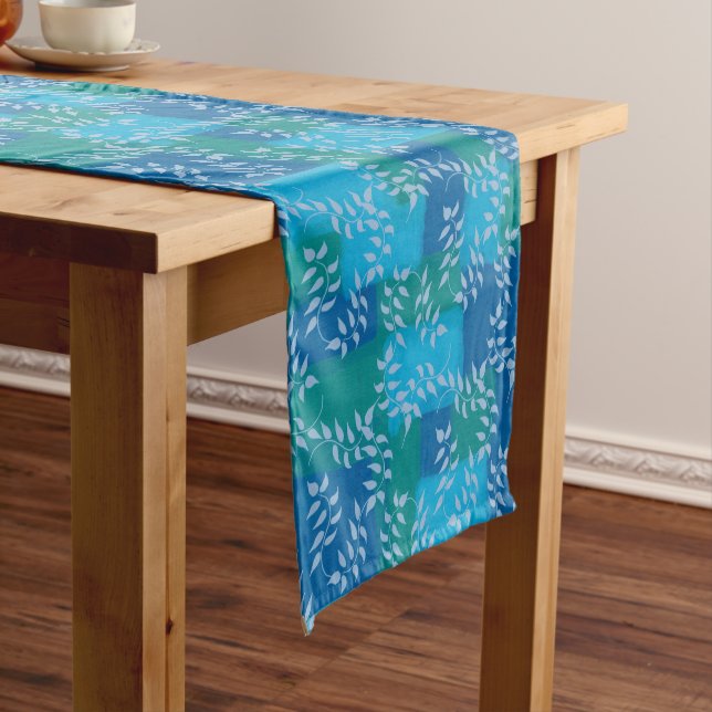 Blue Green Ivy Leaf Watercolor Short Table Runner (In Situ)