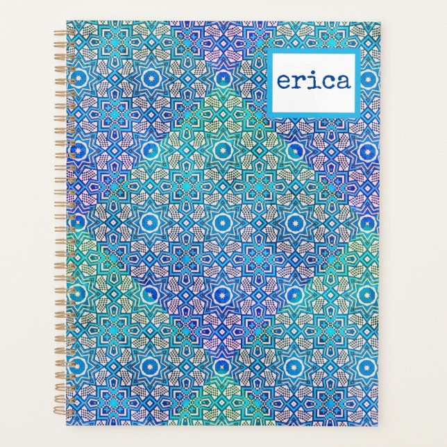 Blue Green Kaleidoscope Pattern Boho Name Planner (Front)