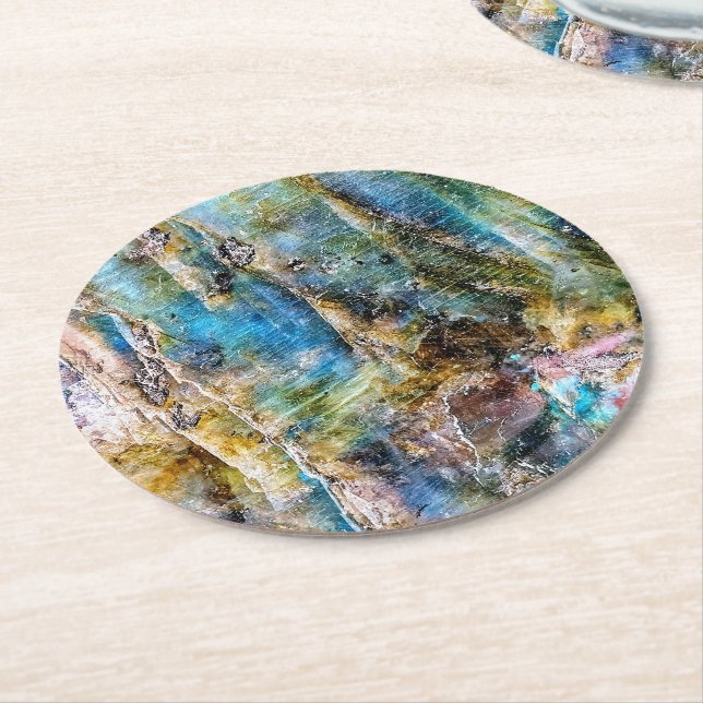 Blue Green Labradorite Gemstone Round Paper Coaster (Angled)