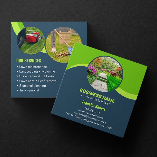 Blue Green Lawn Care Landscaping Mowing 3 Photo Bu Square Business Card (Creator Uploaded)