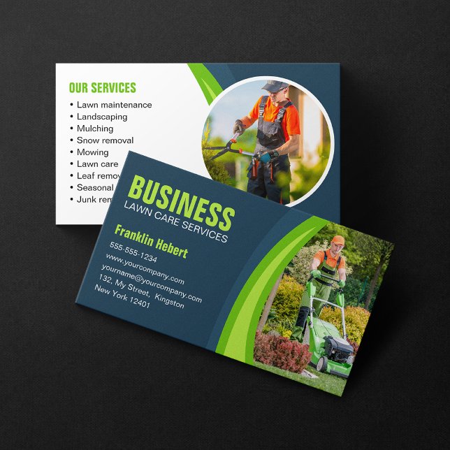 Blue & Green Lawn Care Landscaping Mowing Business Card (Creator Uploaded)