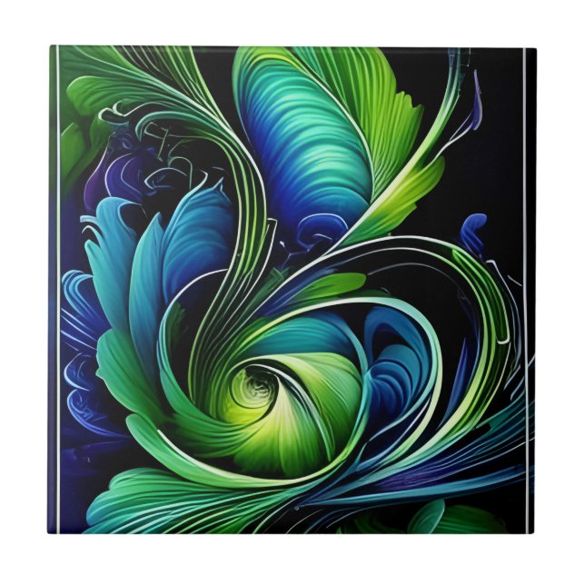 Blue Green Leafy abstract Ceramic Tile (Front)