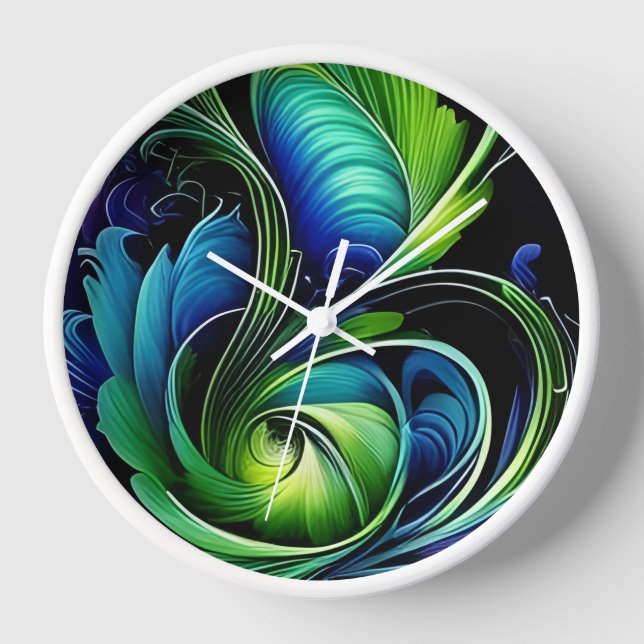 Blue Green Leafy abstract Clock (Front)