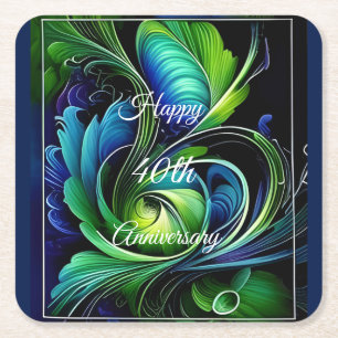 Blue Green Leafy abstract Happy Anniversary Square Paper Coaster