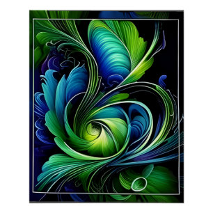 blue green leafy abstract poster
