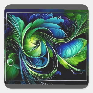 blue green leafy abstract square sticker