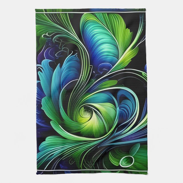 Blue Green Leafy abstract Tea Towel (Vertical)