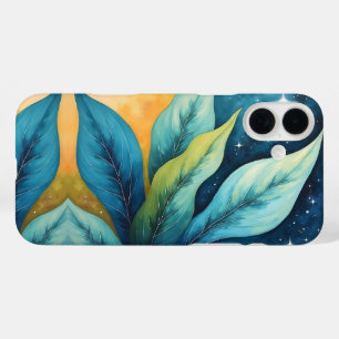 Blue Green Leaves Golden Sun and Stars iPhone 16 Plus Case