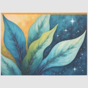 Blue Green Leaves Golden Sun and Stars Tissue Paper