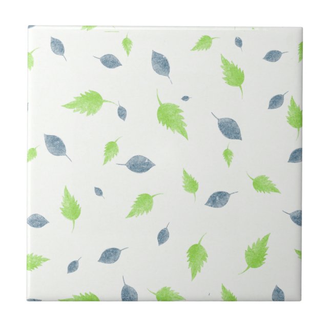 Blue & Green Leaves Pattern Ceramic Tile (Front)