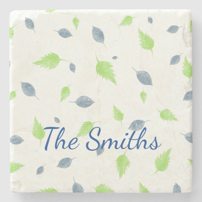 Blue & Green Leaves Pattern  Stone Coaster (Front)