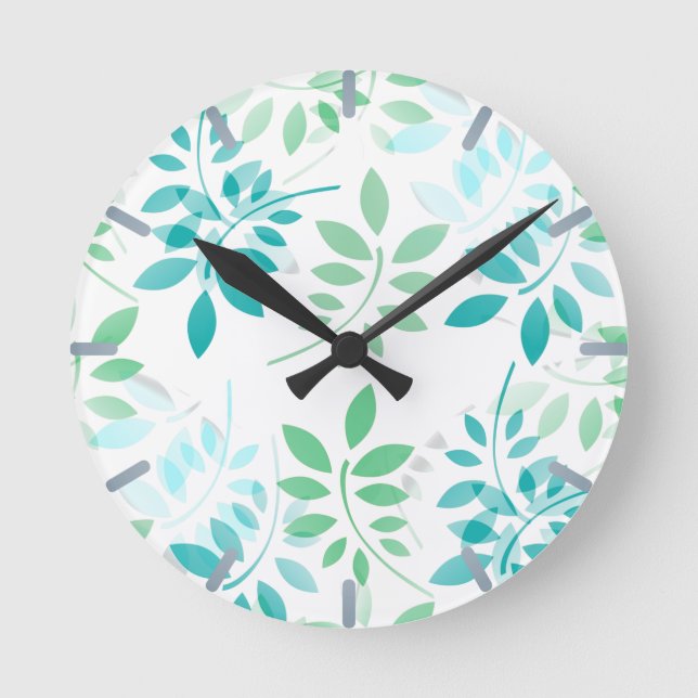 Blue Green Leaves Round Clock (Front)