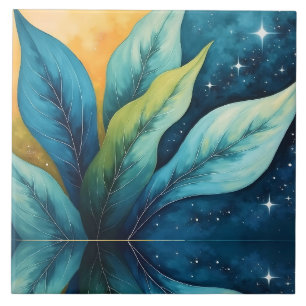 Blue Green Leaves Sun and Stars Ceramic Tile