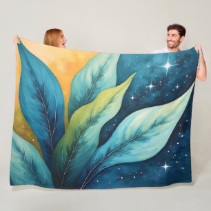 Blue Green Leaves Sun and Stars Fleece Blanket