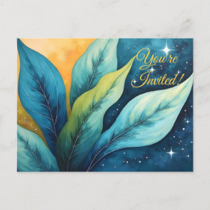 Blue Green Leaves Sun and Stars Invitation Postcard