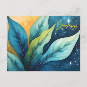 Blue Green Leaves Sun and Stars Postcard