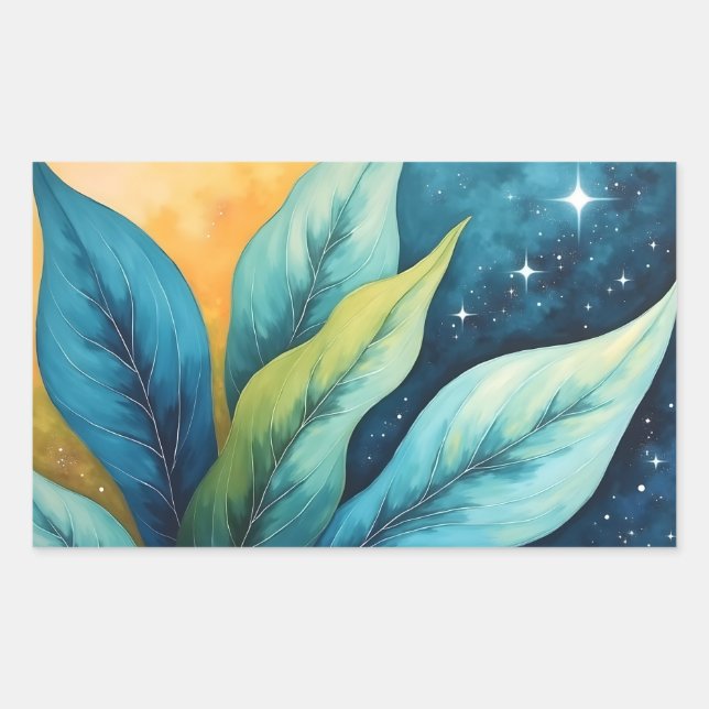 Blue Green Leaves Sun and Stars Rectangular Sticker (Front)