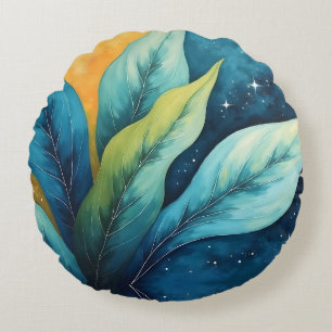 Blue Green Leaves Sun and Stars Round Cushion
