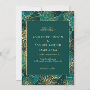 Blue Green Leaves With Gold Wedding Invitation