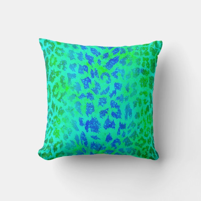 Blue Green Leopard Print Throw Pillow (Front)