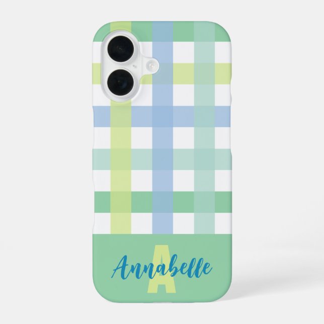 Blue Green Lime Pastel Gingham Pattern Monogram iPhone 16 Case (Back)
