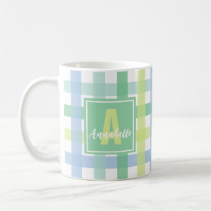 Blue Green Lime Pastel Modern Gingham Monogram Coffee Mug