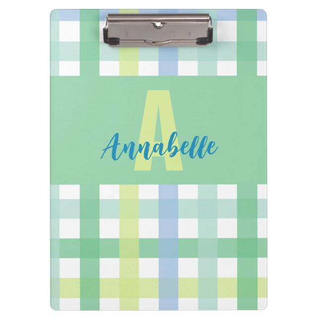 Blue Green Lime Pastel Monogram Gingham Pattern  Clipboard (Front)