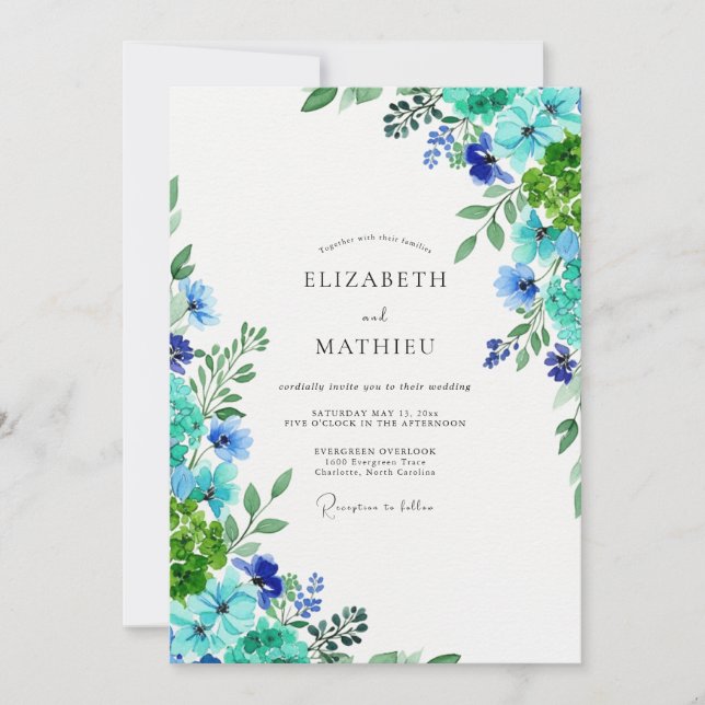 Blue Green Lively Botanical Wedding Invitation (Front)